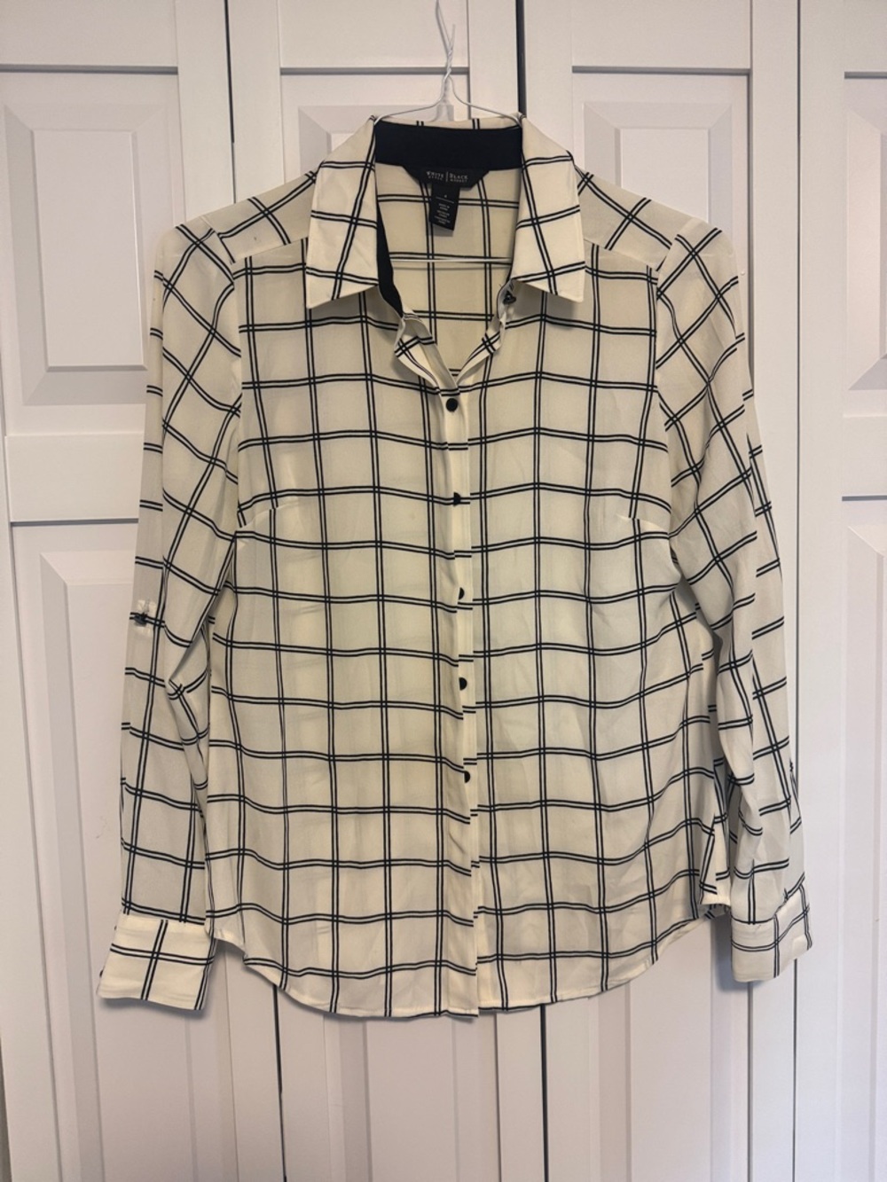 White House Black Market Cream and Black Windowpane Button-Down Shirt